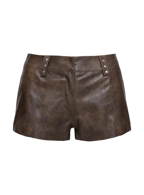 side view of model wearing Princess Polly Kenickie Stud Micro Shorts Brown High Waisted Shorts 