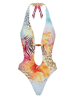 Kirrie Halter Cut Out One Piece Animal Floral