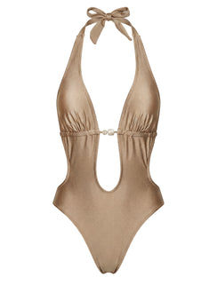 Kirrie Halter Cut Out One Piece Gold