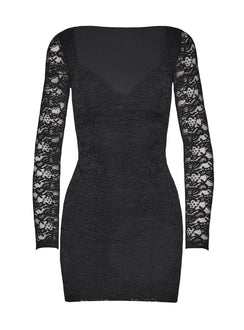 Front view of model wearing  front Princess Polly Square Neck  Lather Long Sleeve Mini Dress Black