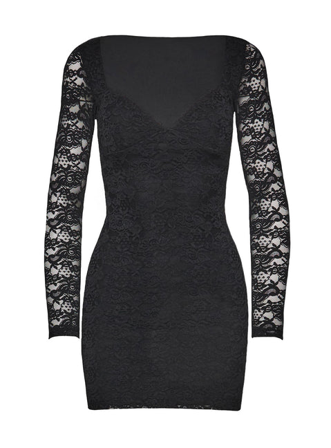 Front view of model wearing  front Princess Polly Square Neck  Lather Long Sleeve Mini Dress Black