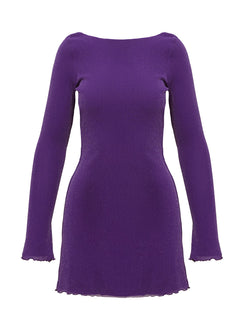 back view of model wearing Princess Polly Leshner Long Sleeve Mini Dress Purple Boat Neck 