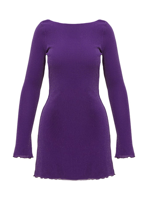 back view of model wearing Princess Polly Leshner Long Sleeve Mini Dress Purple Boat Neck 