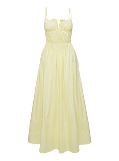 back view of model wearing Princess Polly Loralei Shirred Maxi Dress Yellow Square Neck 