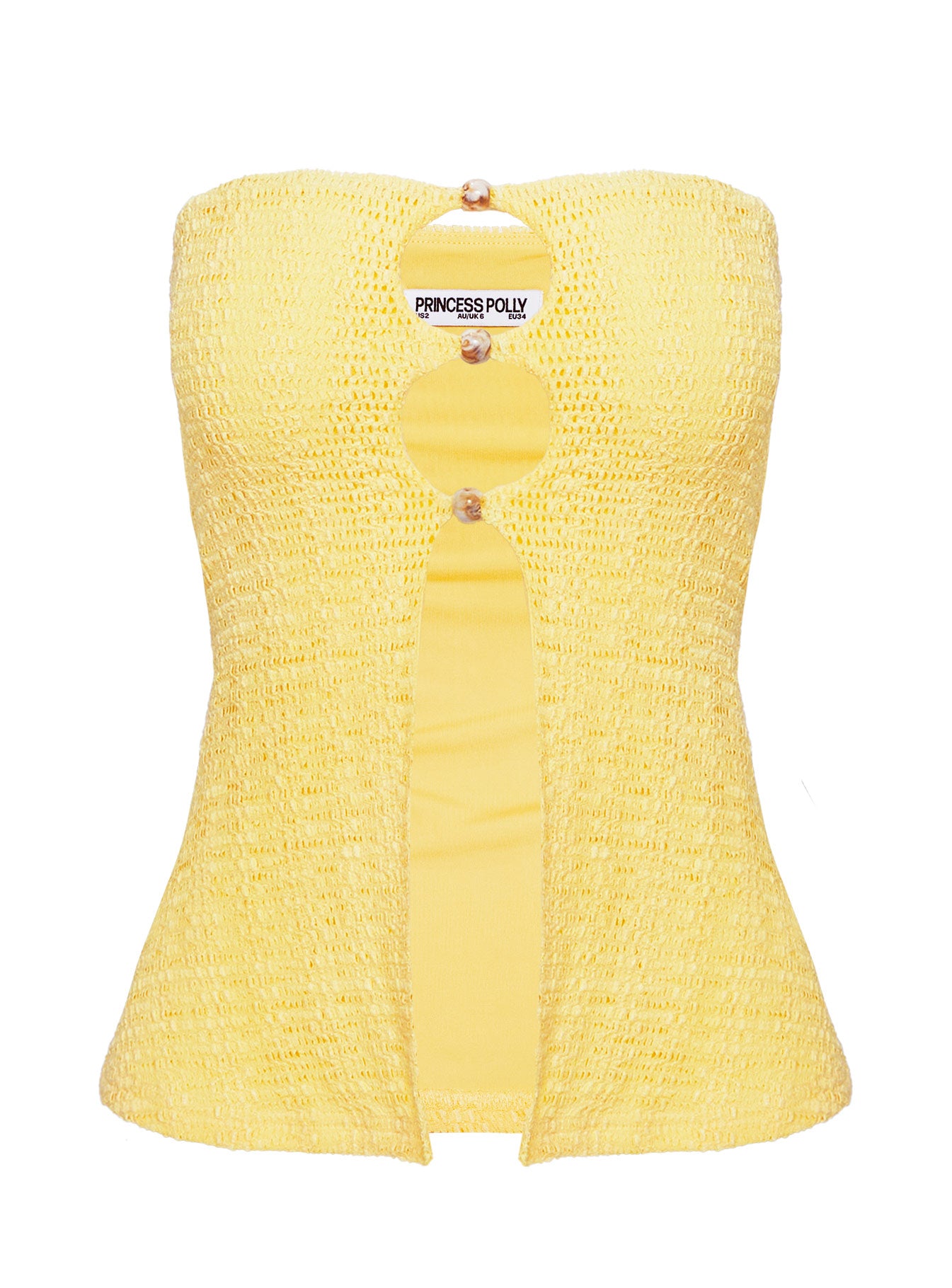 side view of model wearing Princess Polly Lost Souls Strapless Cut Out Top Lemon Sleeveless straight 