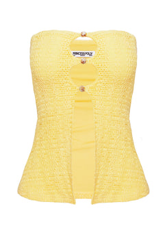 side view of model wearing Princess Polly Lost Souls Strapless Cut Out Top Lemon Sleeveless straight 