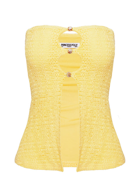 side view of model wearing Princess Polly Lost Souls Strapless Cut Out Top Lemon Sleeveless straight 