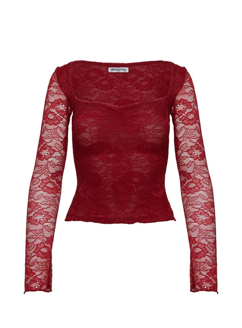 side view of model wearing Princess Polly Love Lessons Long Sleeve Top Red Full Sleeves Square Neck 