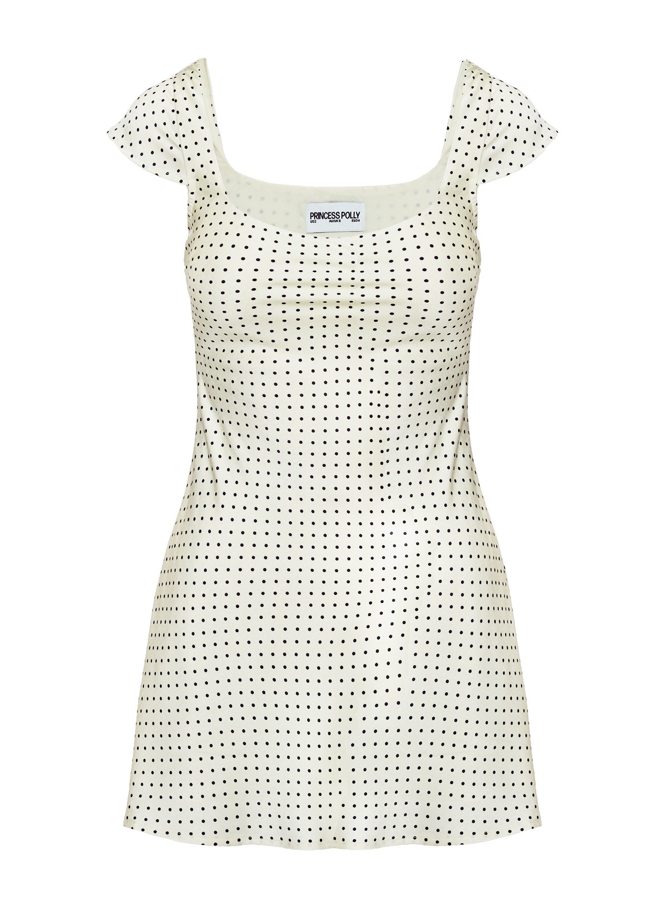 back view of model wearing Princess Polly Lucienna Polka Dot Mini Dress White / Black Scoop Neck 