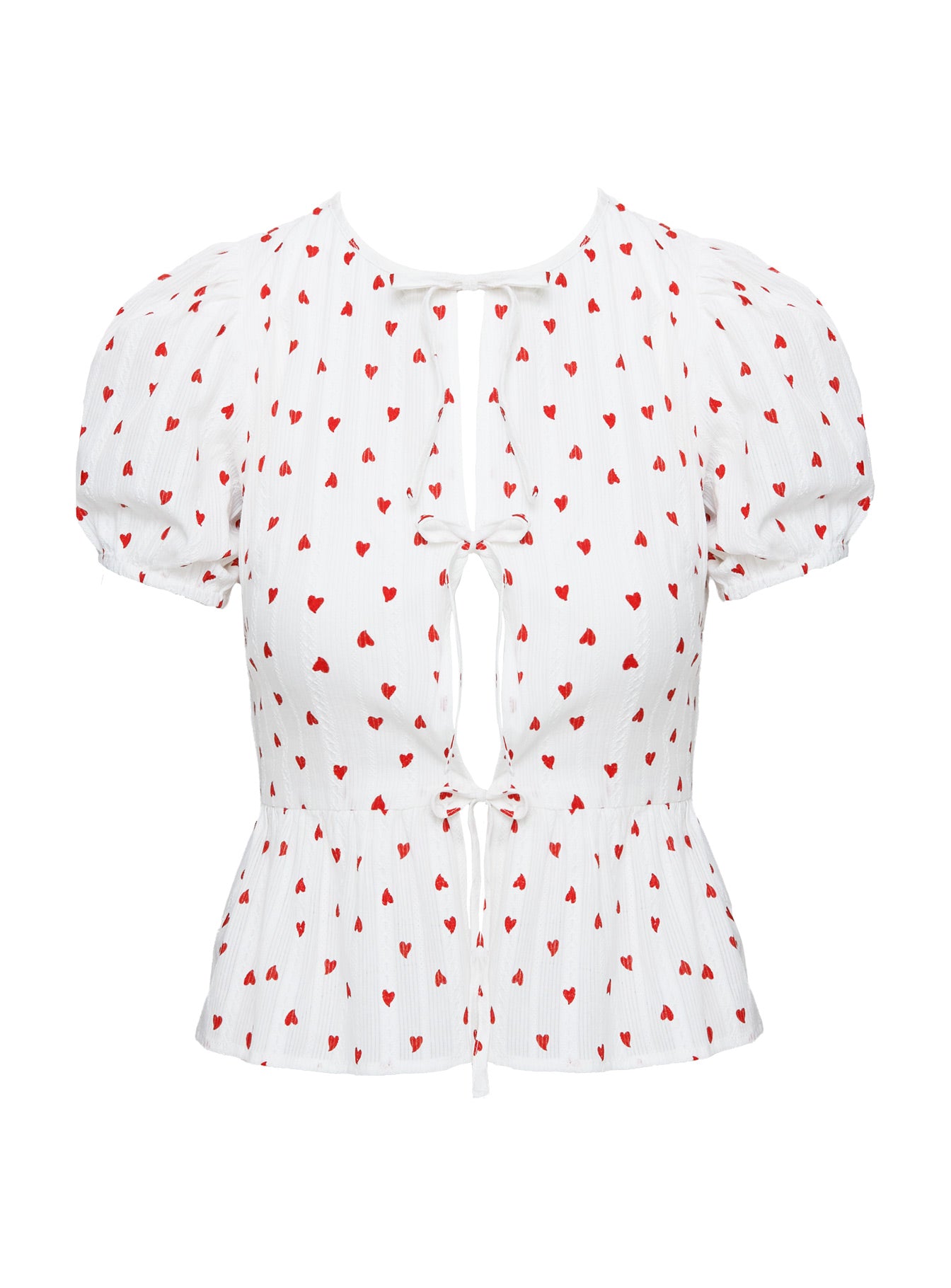 front view of model wearing Princess Polly Lucky In Love Bow Tie Top White / Red Short Sleeves Crew Neck 