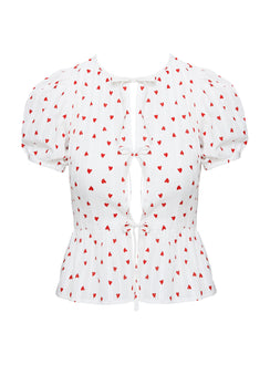 front view of model wearing Princess Polly Lucky In Love Bow Tie Top White / Red Short Sleeves Crew Neck 