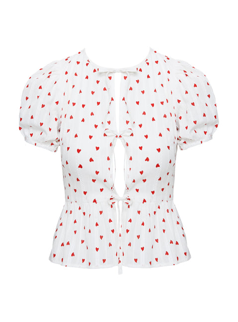 front view of model wearing Princess Polly Lucky In Love Bow Tie Top White / Red Short Sleeves Crew Neck 