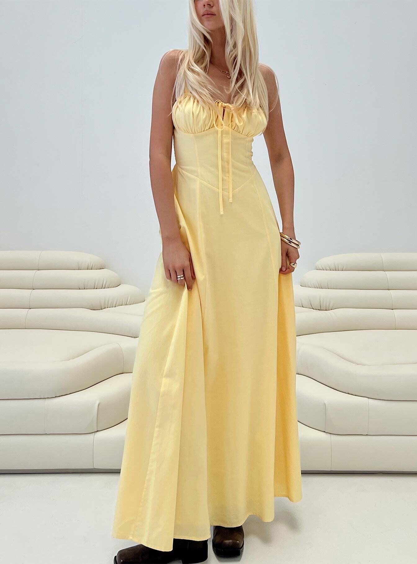 front view of model wearing Princess Polly Leticia Maxi Dress Lemon Sweetheart Neckline 
