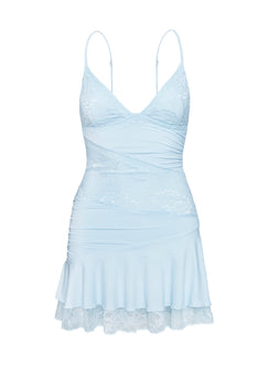 side view of model wearing Princess Polly Love Is Alive Lace Mini Dress Blue Plunger 