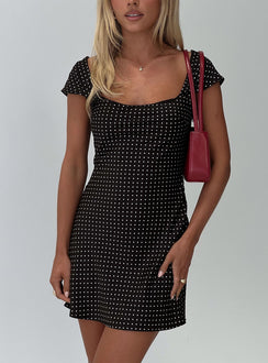 front view of model wearing Princess Polly Lucienna Polka Dot Mini Dress Black / White Square Neck 