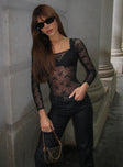 side view of model wearing Princess Polly Mademoiselle Bodysuit Black Full Sleeves straight 