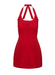 back view of model wearing Princess Polly Mallorie Halter Mini Dress Red Tall Scoop Neck 