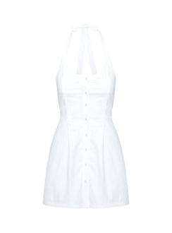 back view of model wearing Princess Polly Mallorie Halter Mini Dress White Scoop Neck 