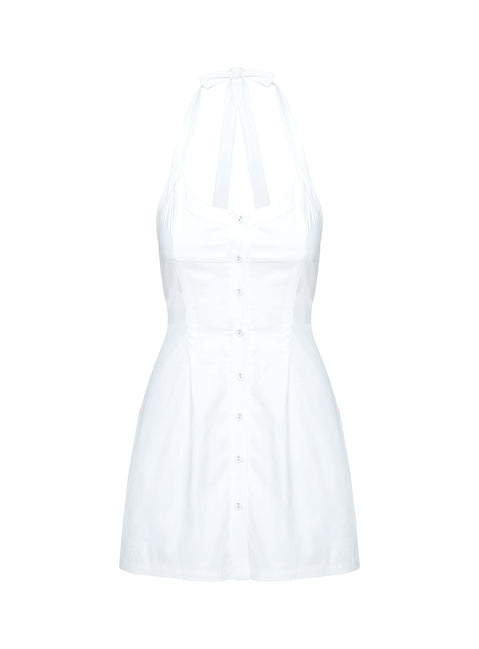 back view of model wearing Princess Polly Mallorie Halter Mini Dress White Scoop Neck 