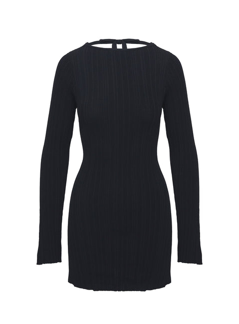 back view of model wearing Princess Polly Mayok Long Sleeve Mini Dress Black High Neck 