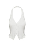 back view of model wearing Princess Polly Mccarthie Halter Vest Top White Sleeveless Plunger 