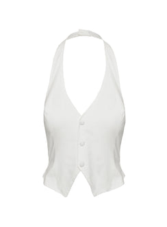 back view of model wearing Princess Polly Mccarthie Halter Vest Top White Sleeveless Plunger 