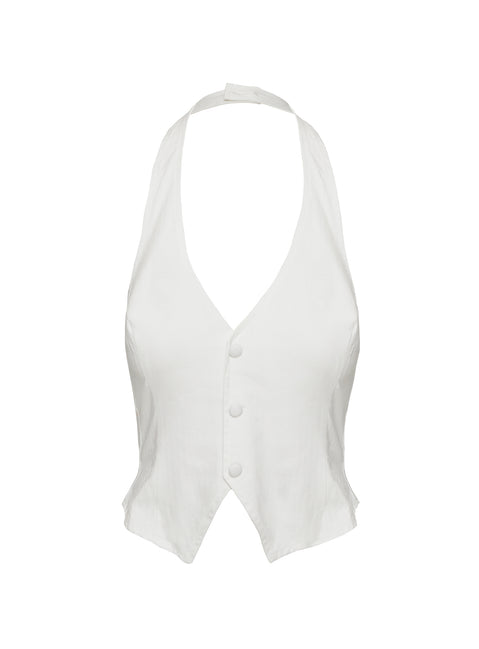 back view of model wearing Princess Polly Mccarthie Halter Vest Top White Sleeveless Plunger 