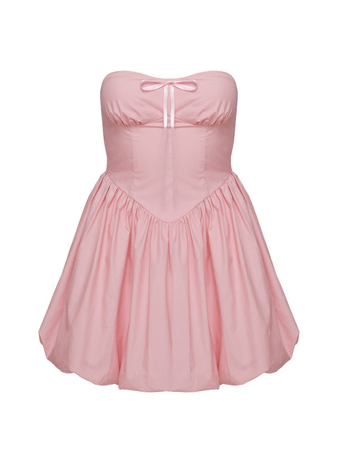 back view of model wearing Princess Polly Melaina Bubble Hem Mini Dress Pink Sweetheart Neckline 