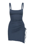 side view of model wearing Princess Polly Melda Square Neck Mini Dress Navy Scoop Neck 