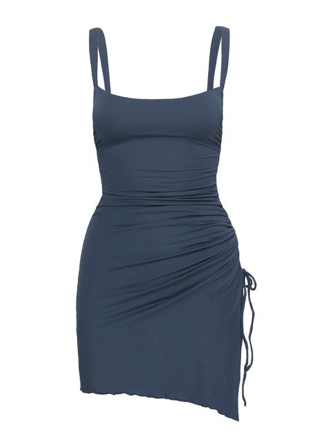 side view of model wearing Princess Polly Melda Square Neck Mini Dress Navy Petite Square Neck 