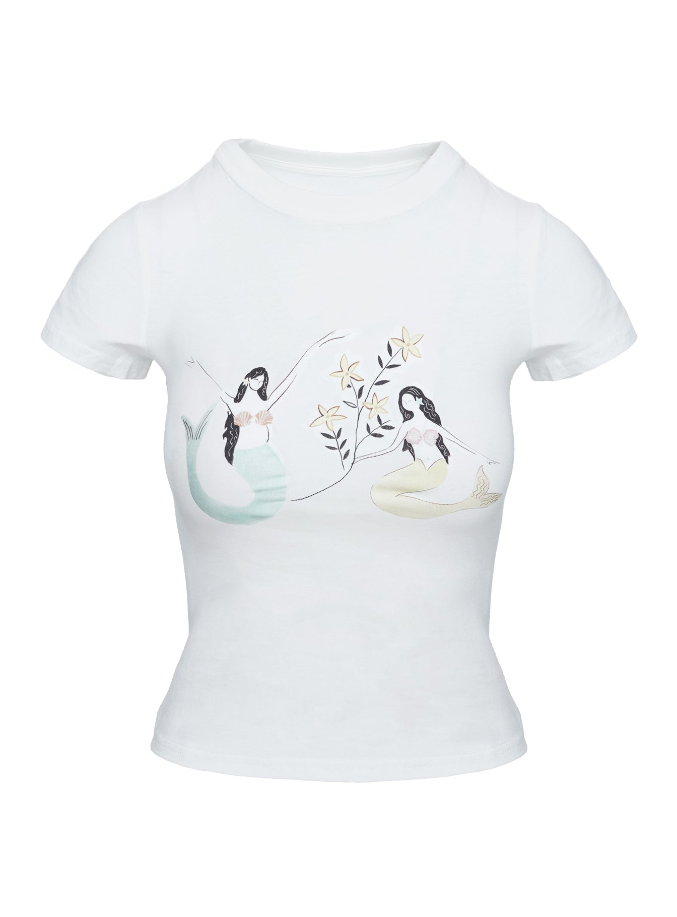 back view of model wearing Princess Polly Mermaid Soul Tee White Short Sleeves Crew Neck 