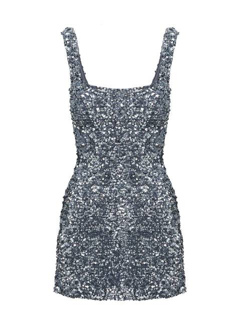back view of model wearing Princess Polly Miss Me Sequin Mini Dress Silver Square Neck 