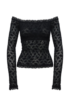 side view of model wearing Princess Polly Mochapella Off The Shoulder Top Black Full Sleeves straight 