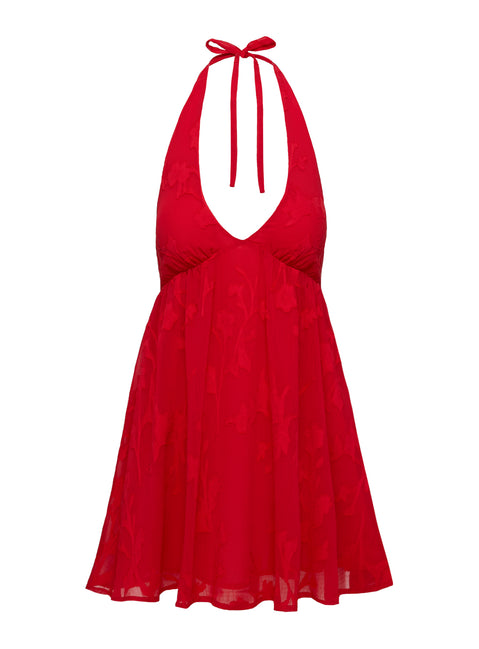 back view of model wearing Princess Polly Moriah Halter Mini Dress Red Plunger 