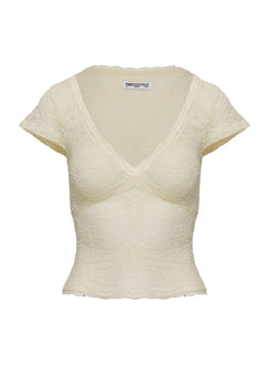 back view of model wearing Princess Polly Most Ardently Lace Top Cream Short Sleeves V-Neck 