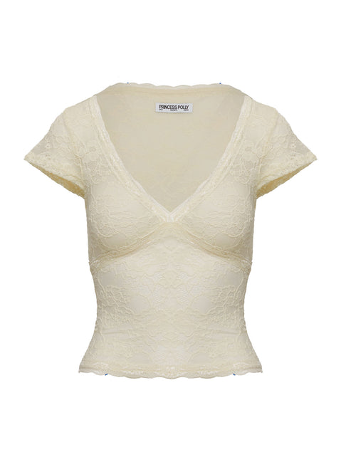 back view of model wearing Princess Polly Most Ardently Lace Top Cream Short Sleeves V-Neck 