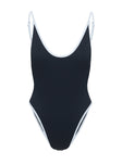Black and white ribbed one piece Adjustable shoulder straps, low scooped neckline and back