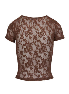 back view of model wearing Princess Polly Martine Sheer Short Sleeve Top Brown Short Sleeves Crew Neck 