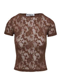 back view of model wearing Princess Polly Martine Sheer Short Sleeve Top Brown Short Sleeves Crew Neck 