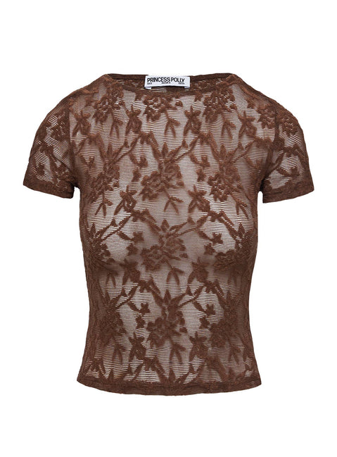back view of model wearing Princess Polly Martine Sheer Short Sleeve Top Brown Short Sleeves Crew Neck 