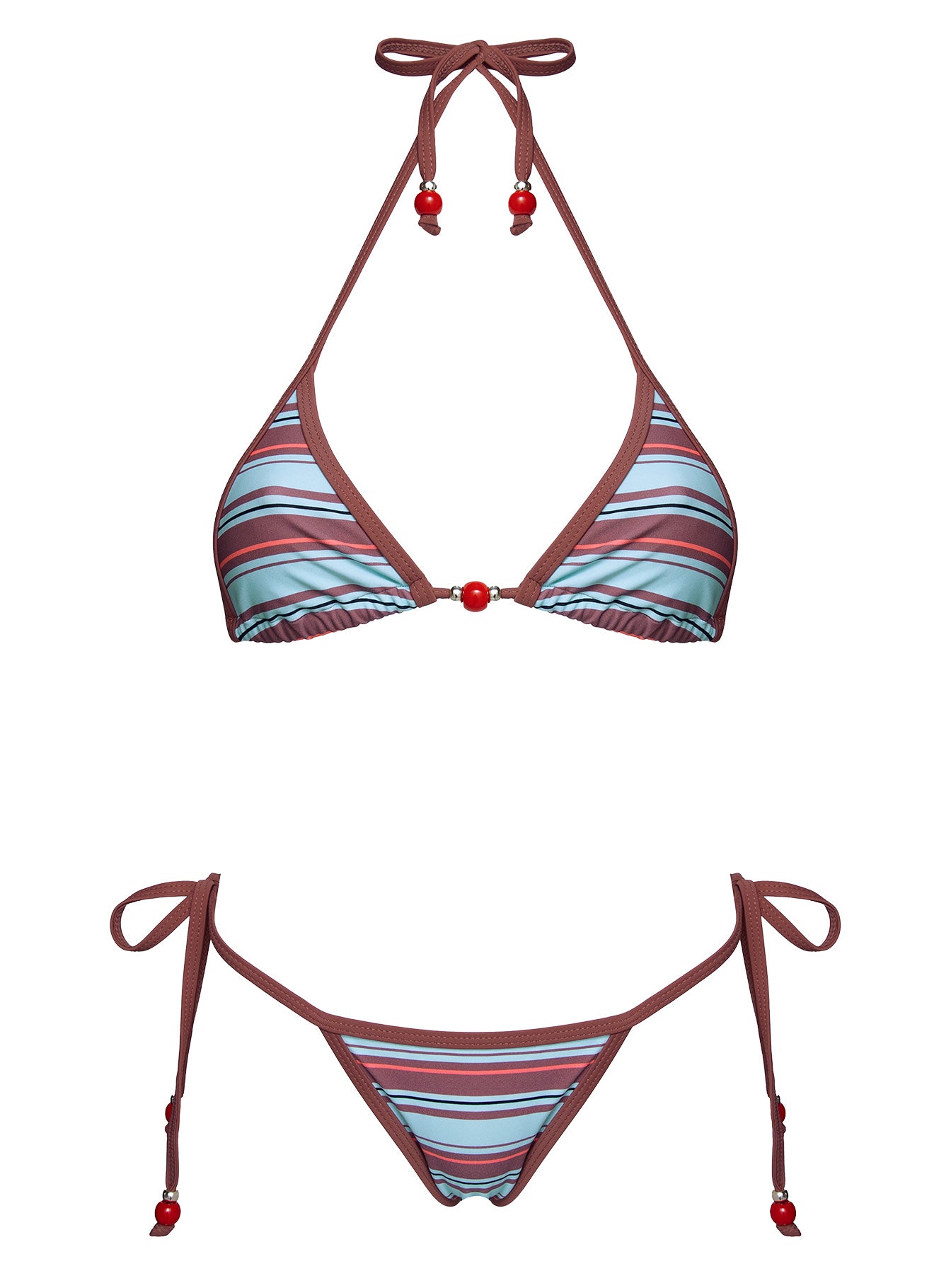 Mikaya Beaded Triangle Bikini Top Blue / Brown Stripe