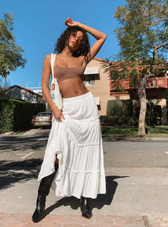   front view of model wearing Princess Polly Miriah Maxi Skirt White Petite Maxi 