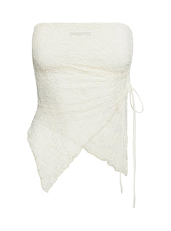 back view of model wearing Princess Polly More Dimes Asymmetrical Strapless Top Cream Sleeveless straight 