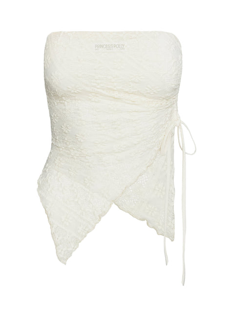 back view of model wearing Princess Polly More Dimes Asymmetrical Strapless Top Cream Sleeveless straight 