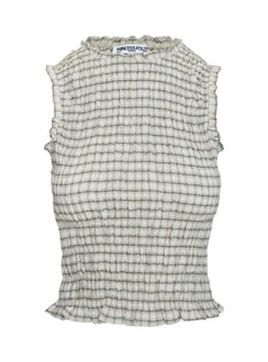 side view of model wearing Princess Polly Mousie Ruched Top Cream Plaid Sleeveless High Neck 