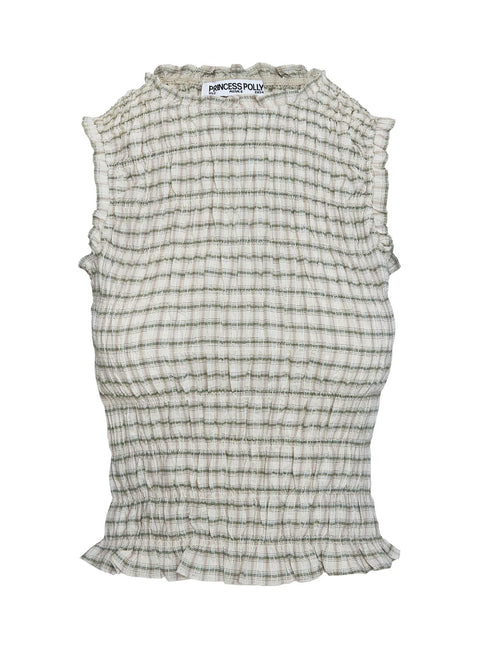 side view of model wearing Princess Polly Mousie Ruched Top Cream Plaid Sleeveless High Neck 