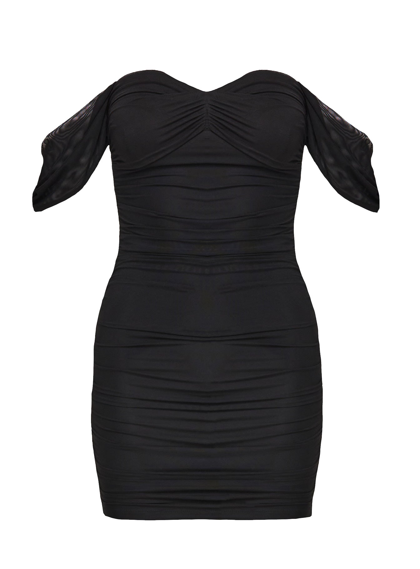 back view of model wearing Princess Polly Mylee Off The Shoulder Mini Dress Black Sweetheart Neckline 