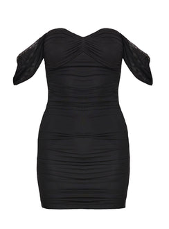 back view of model wearing Princess Polly Mylee Off The Shoulder Mini Dress Black Sweetheart Neckline 