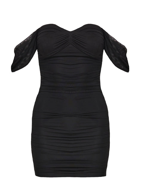 back view of model wearing Princess Polly Mylee Off The Shoulder Mini Dress Black Sweetheart Neckline 