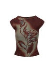 side view of model wearing Princess Polly Nova Top Brown Short Sleeves Boat Neck 